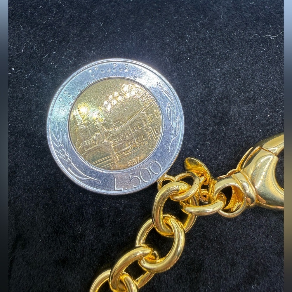 Milor Italy Gold Plated Bronze 500 Lire Coin Charm Bracelet 8.5” Chunky - Picture 3 of 3